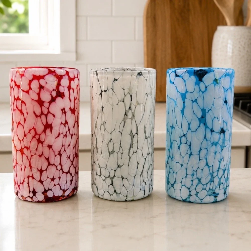 Hand Blown Red White Blue Pebble Art Glass Highball Tumblers 6.5